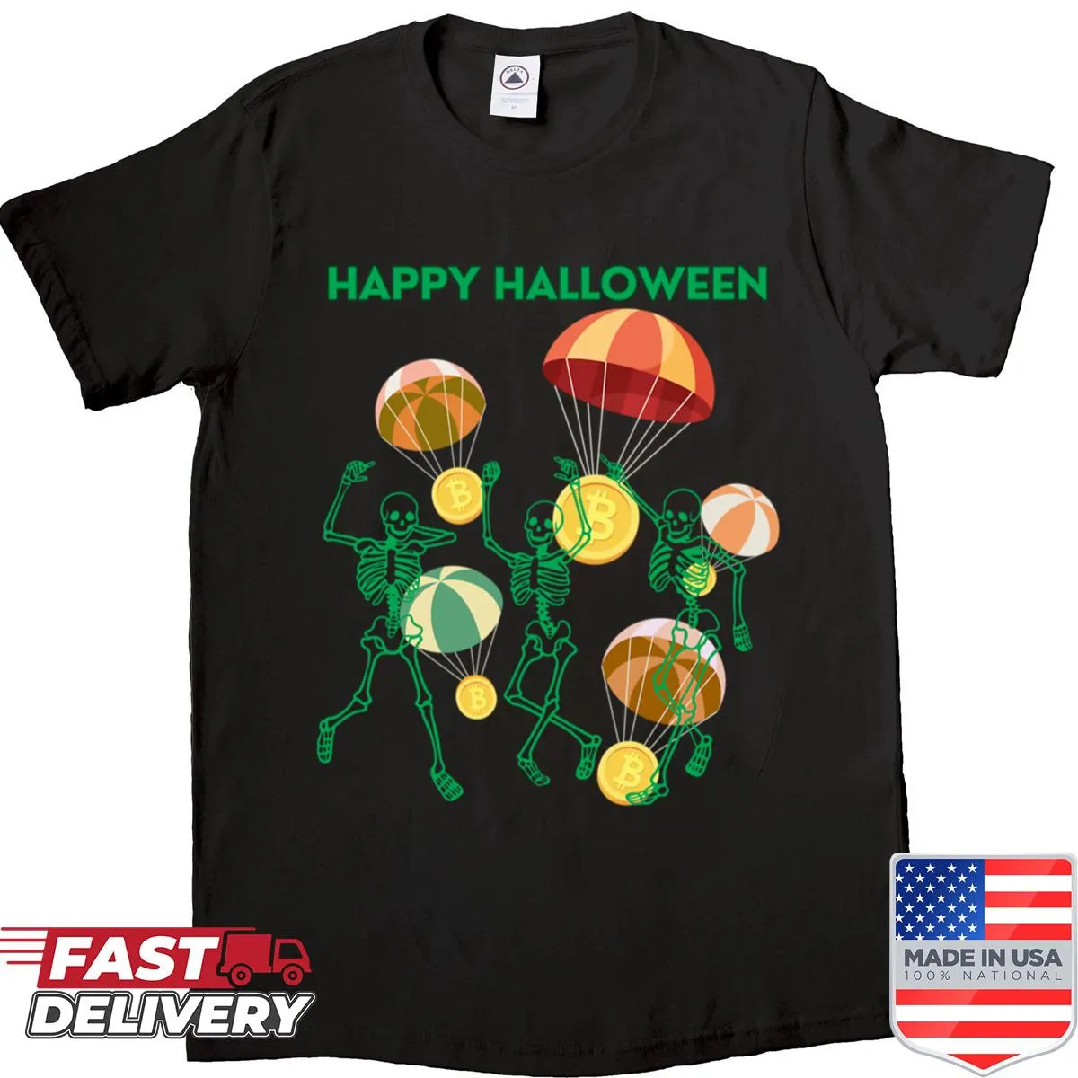 Cartoon skeletons dancing with Bitcoin elements on a Halloween shirt