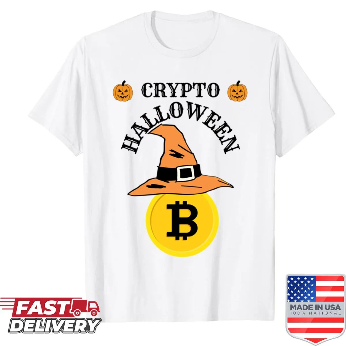 Witch hat with Bitcoin symbols illustrated on a shirt