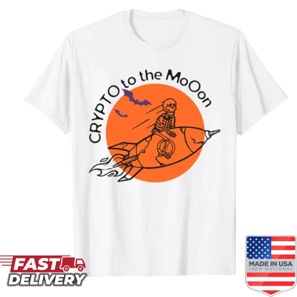 Illustrative shirt with a skeleton and rocket ship themed around cryptocurrency