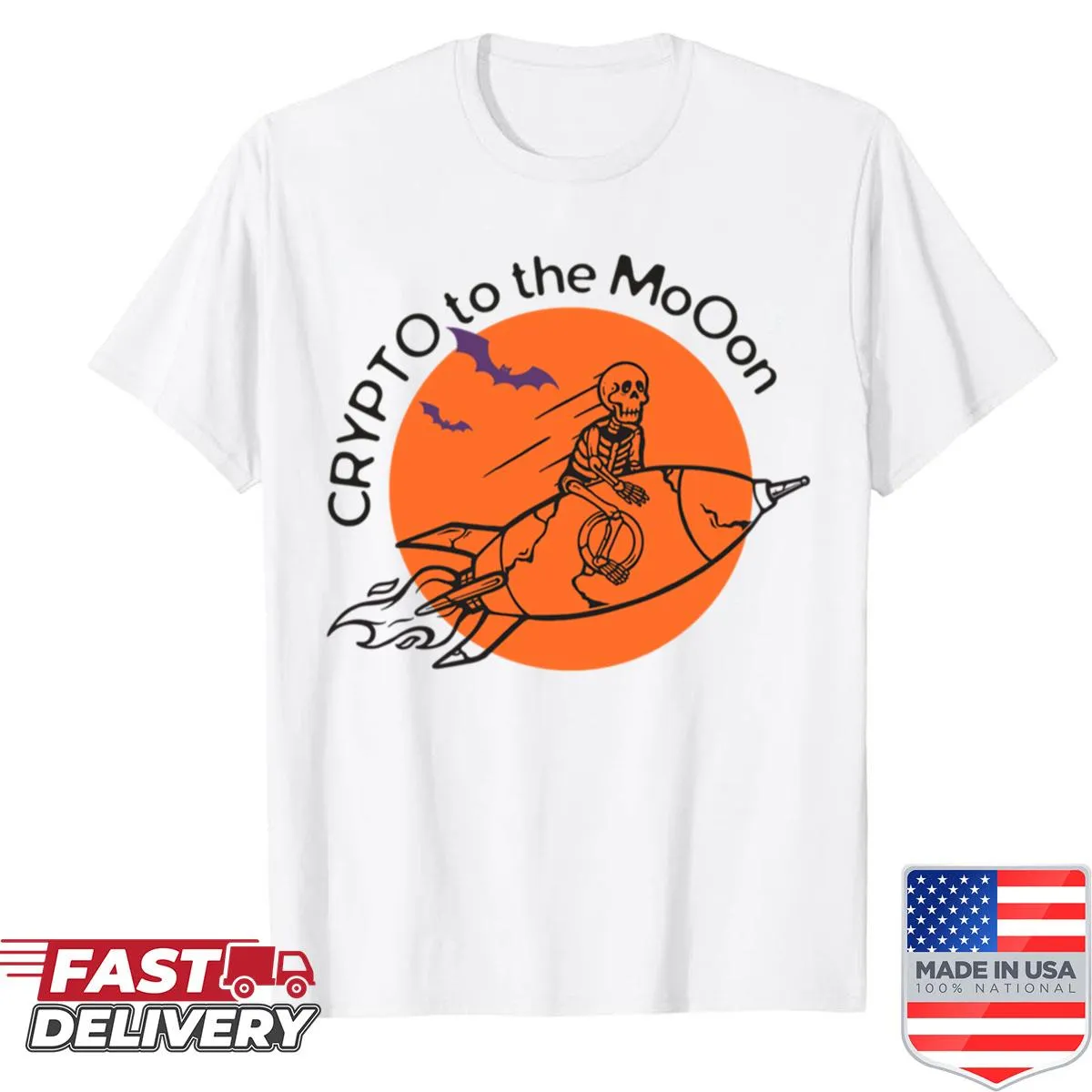 Illustrative shirt with a skeleton and rocket ship themed around cryptocurrency