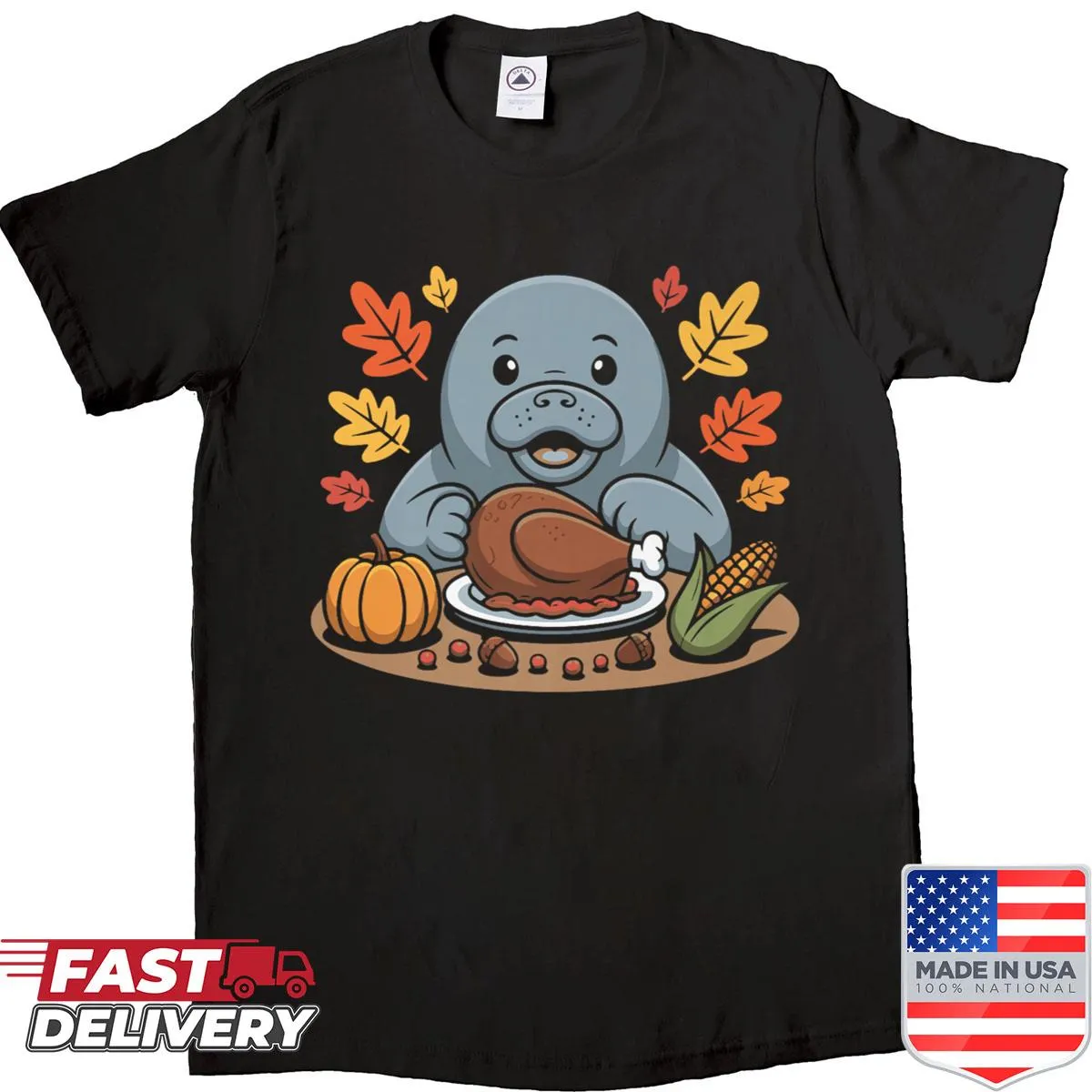 Funny manatee Thanksgiving shirt with a cartoon design