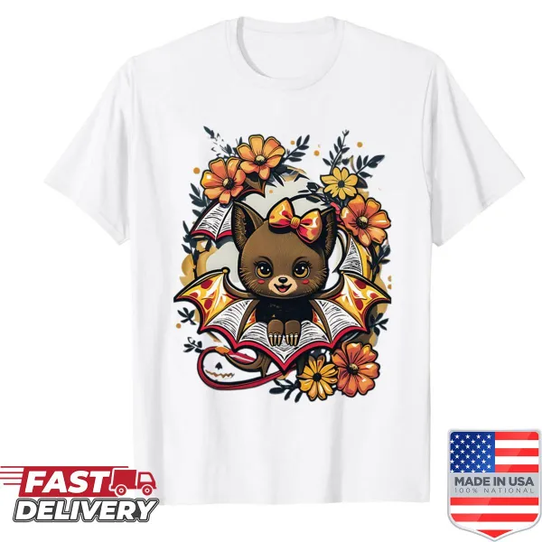 Adorable shirt featuring a bat with flowers and a bow