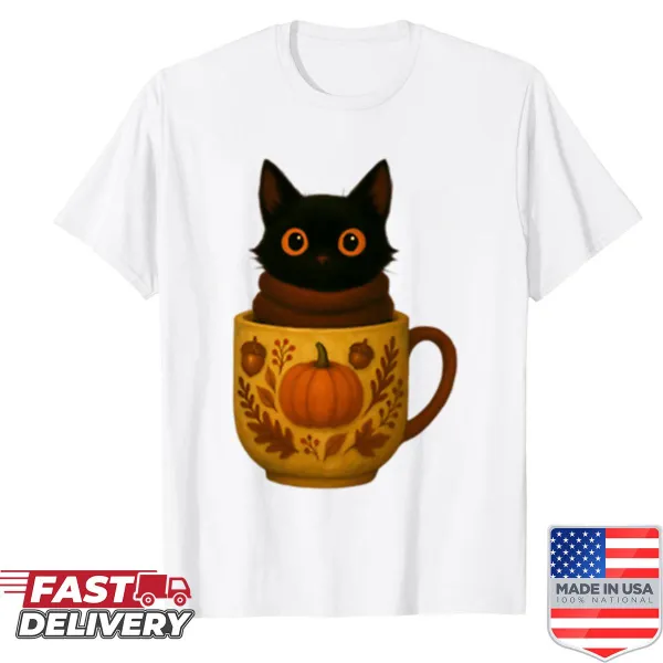 Cute black cat in a coffee cup illustrated on a shirt