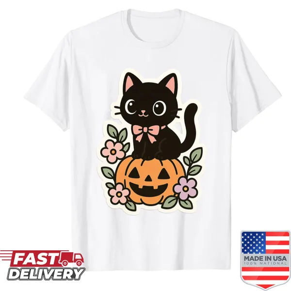 Kawaii black cat on jack-o-lantern design on shirt