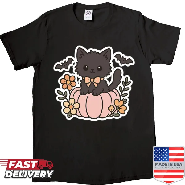 Kawaii black cat on pumpkin with bow Halloween shirt