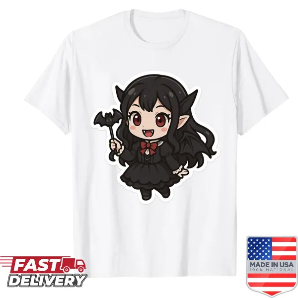 Cute chibi vampire girl with bat wand illustrated on a shirt