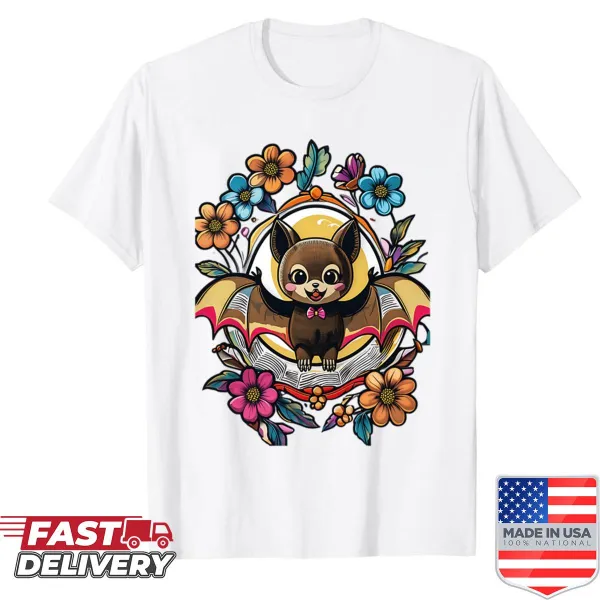 Adorable shirt featuring a bat surrounded by floral illustrations