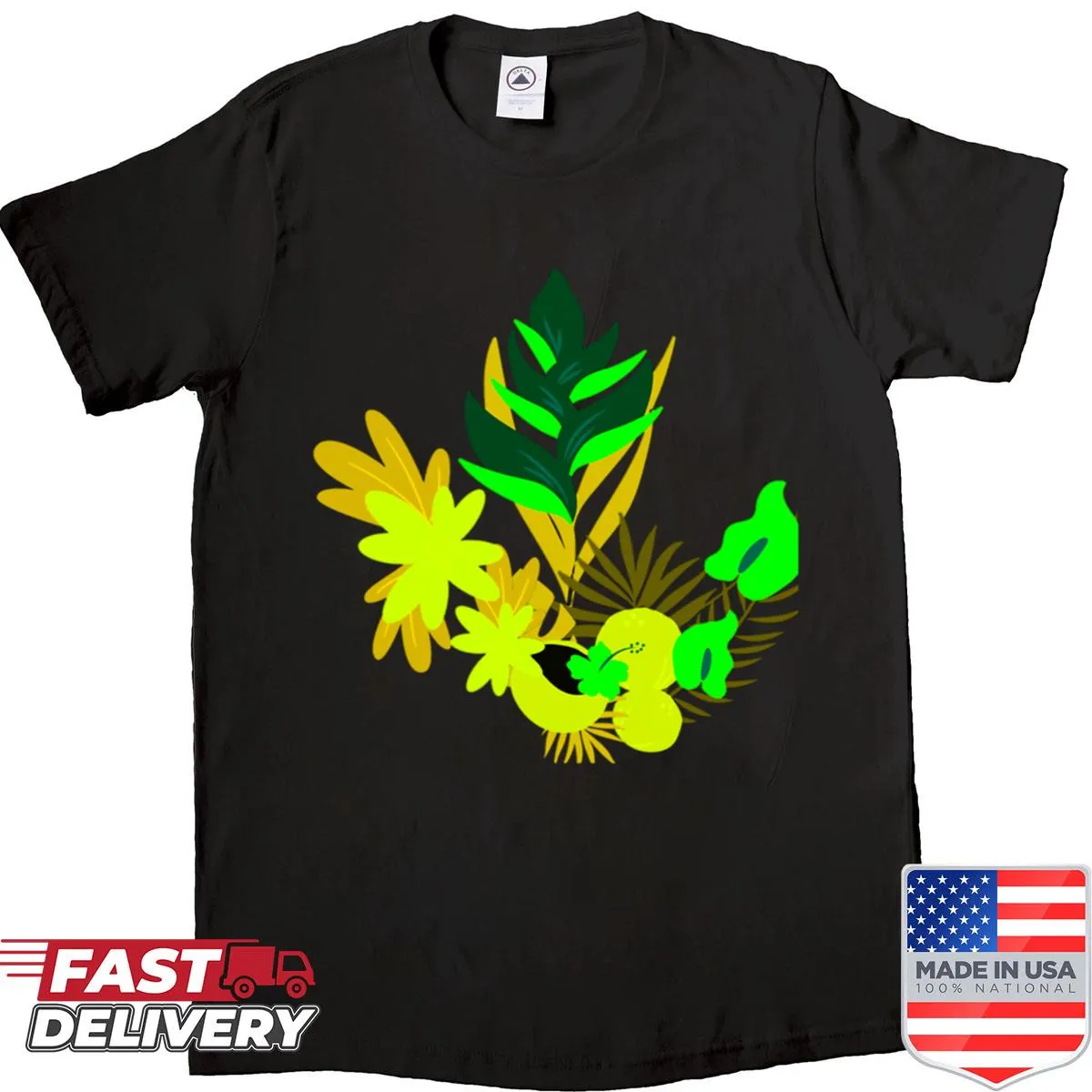Illustrated shirt featuring an arrangement of cute flowers and leaves