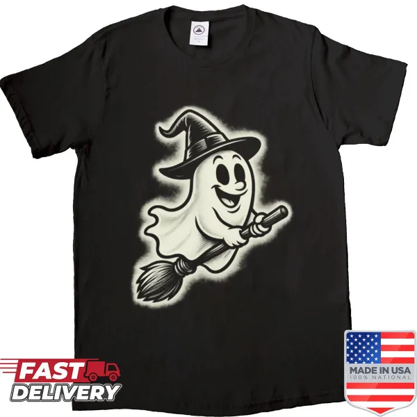 Cute ghost flying on a broomstick in a Halloween design