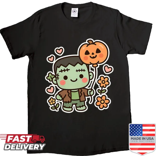 Cute Frankenstein with pumpkin balloon on a kawaii Halloween shirt