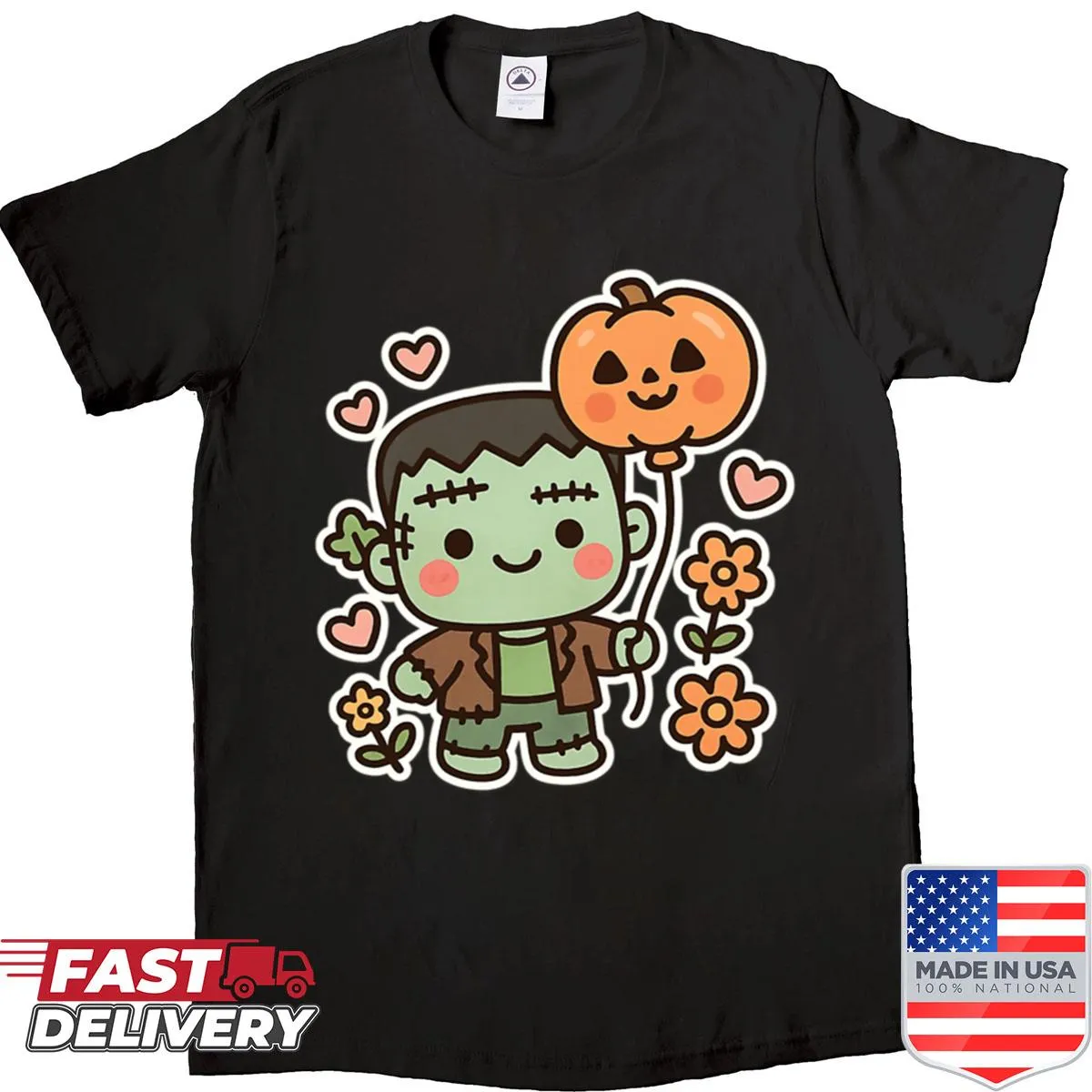 Cute Frankenstein with pumpkin balloon on a kawaii Halloween shirt