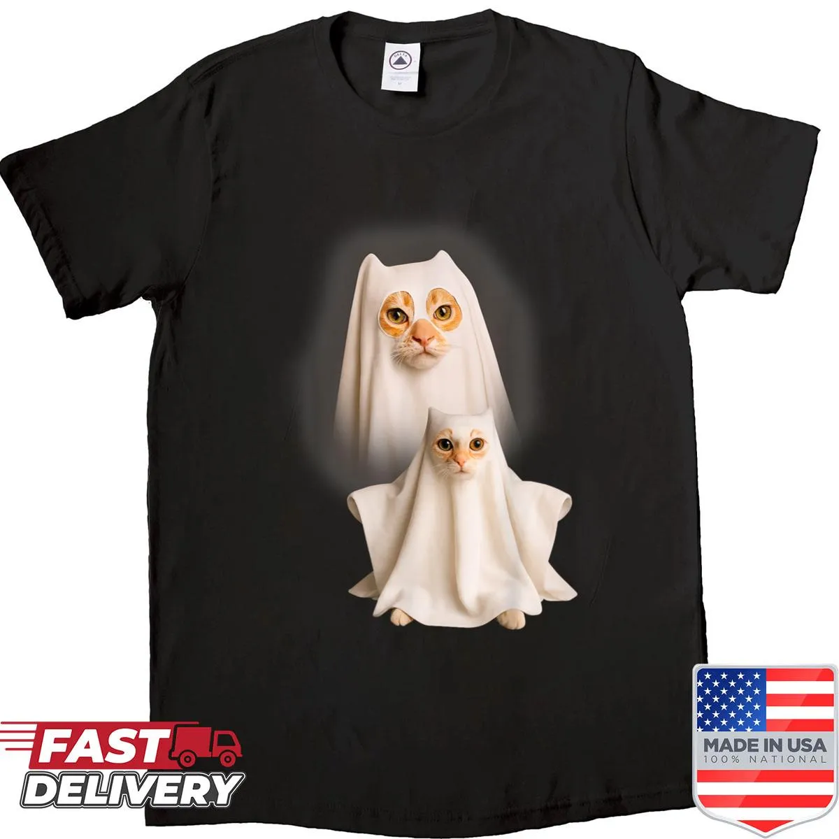 Fun Halloween shirt featuring a cartoon wizard cat and ghost with humorous elements.