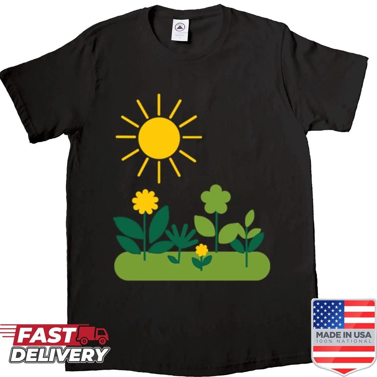 Illustration of garden flowers and plants on a casual shirt.