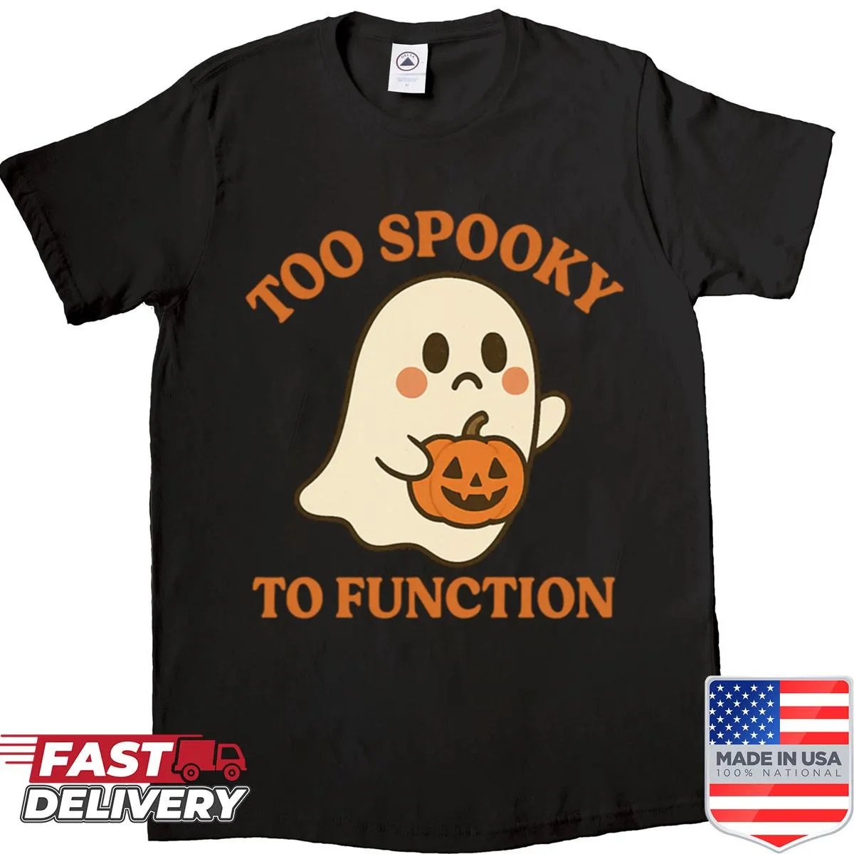 Retro kawaii ghost with pumpkin and text design