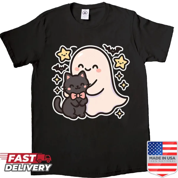 Kawaii ghost hugging a black cat design for Halloween