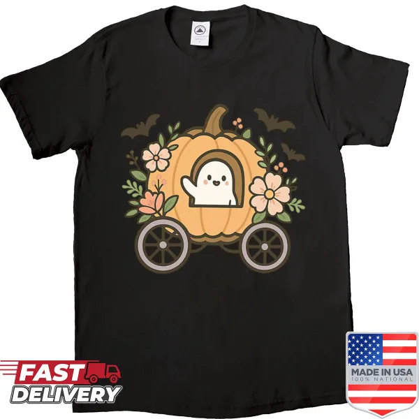 Cute ghost riding a pumpkin carriage in a kawaii Halloween design