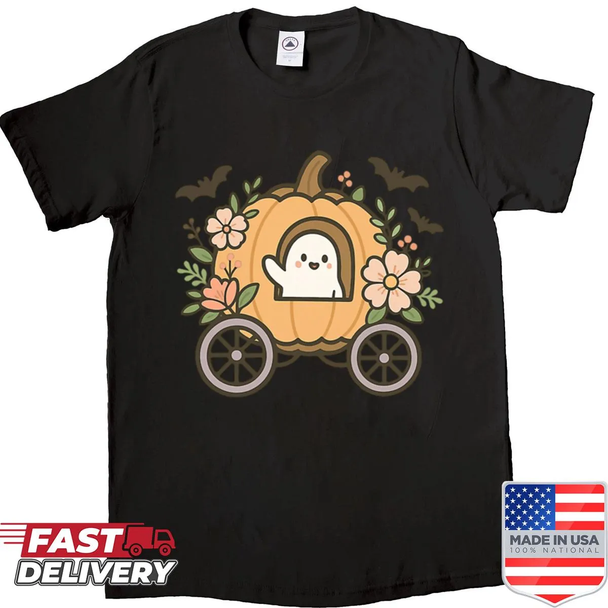 Cute ghost riding a pumpkin carriage in a kawaii Halloween design