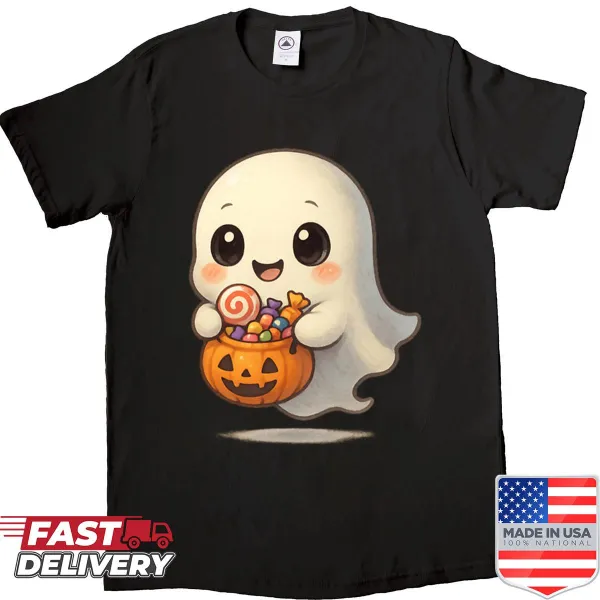 Cute ghost trick-or-treating with candy bucket on a Halloween shirt