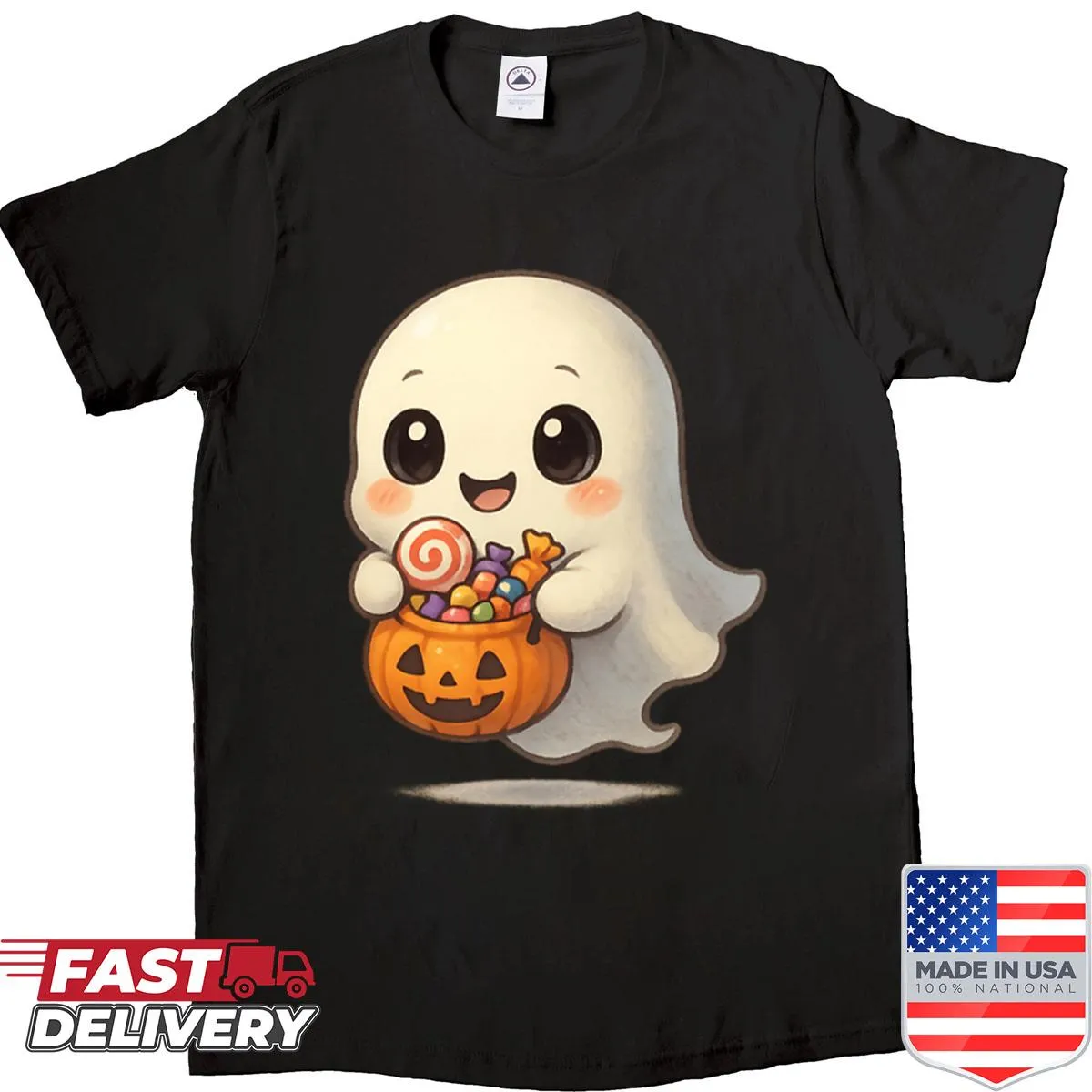 Cute ghost trick-or-treating with candy bucket on a Halloween shirt