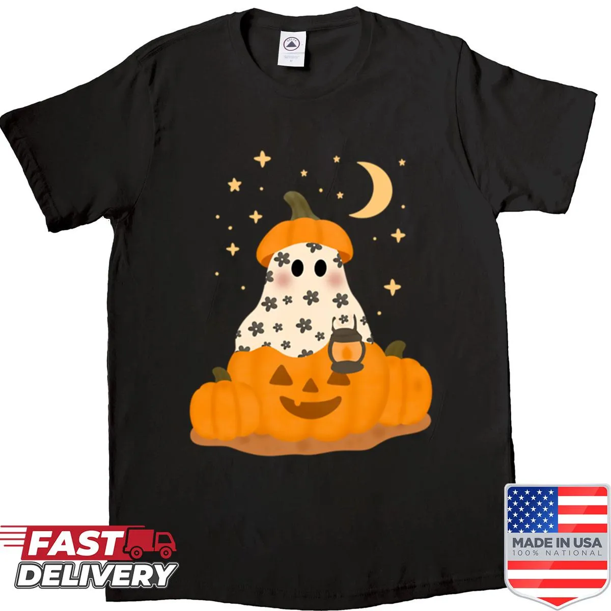 Seamless pattern of cute ghosts and pumpkins on a t-shirt