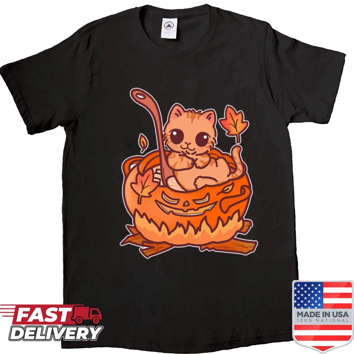 Cute cat in pumpkin cauldron on a Halloween shirt