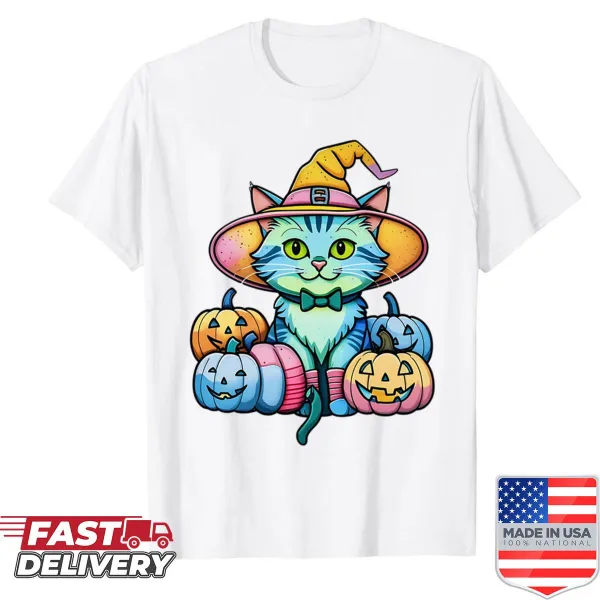 Illustration of a cute Halloween cat with pumpkins on a shirt