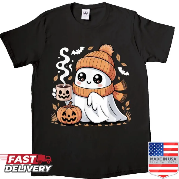 Cute ghost with coffee and pumpkin graphic on a t-shirt