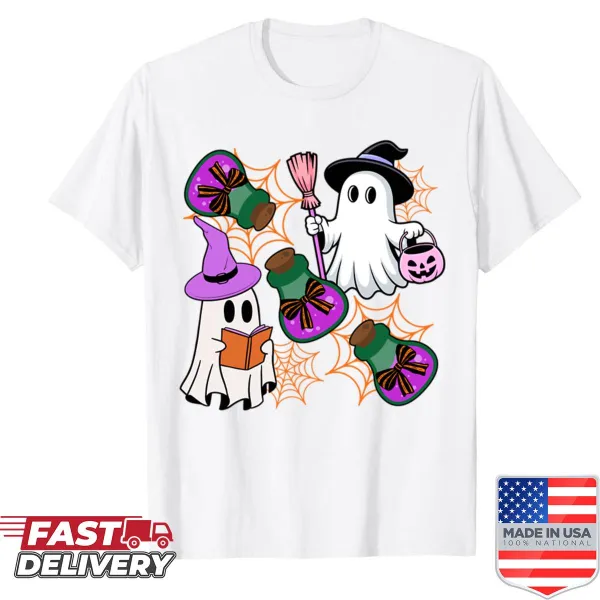 Cute shirt featuring playful Halloween ghosts with potions and spells