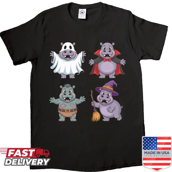Funny Halloween hippo shirt featuring ghost, vampire, zombie, and witch designs