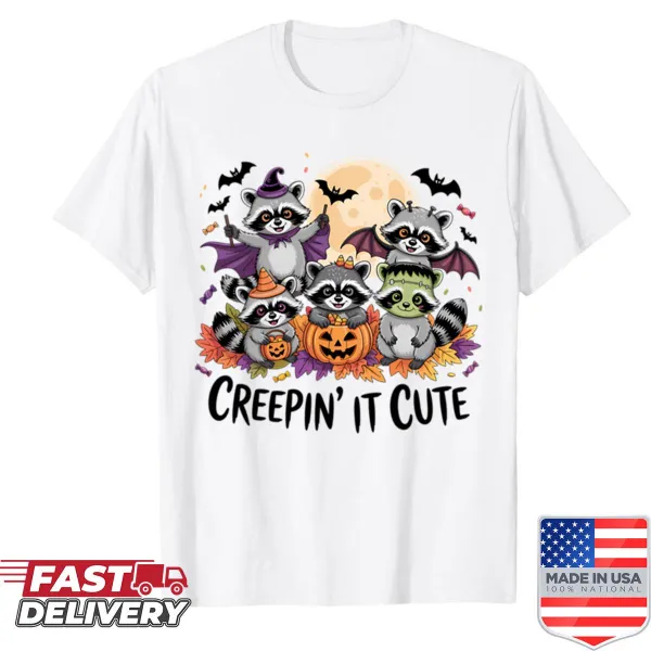 Oversized shirt with cute Halloween raccoons illustration