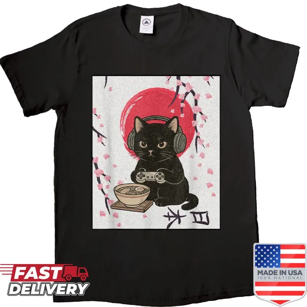 Kawaii gamer cat with ramen in a retro Japanese style illustration