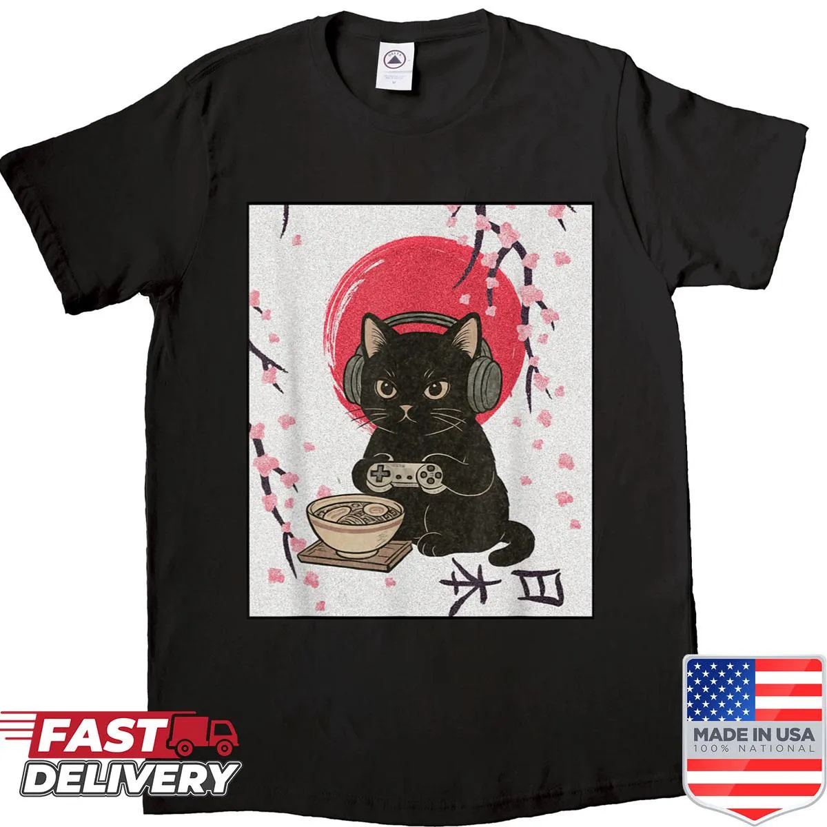 Kawaii gamer cat with ramen in a retro Japanese style illustration