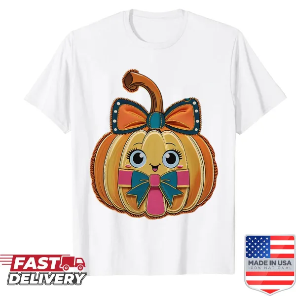 Kawaii pumpkin with bow illustration on a shirt.