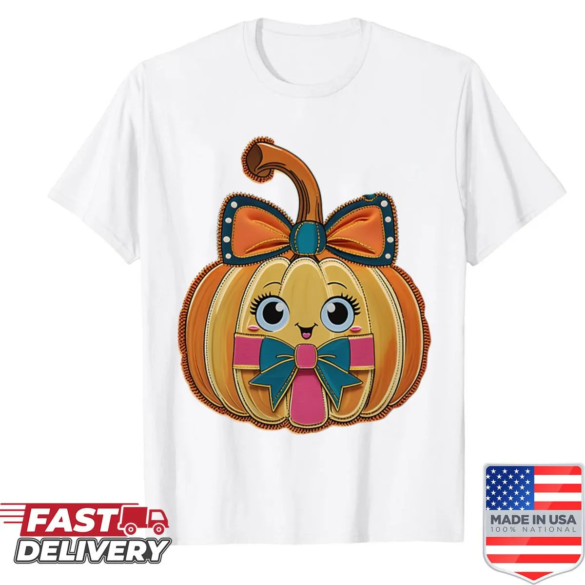 Kawaii pumpkin with bow illustration on a shirt.