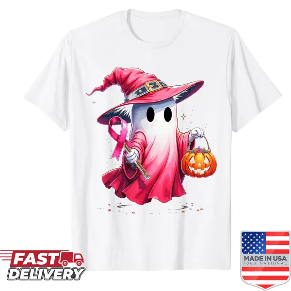 Cute pink ghost wearing a witch hat on a breast cancer awareness shirt