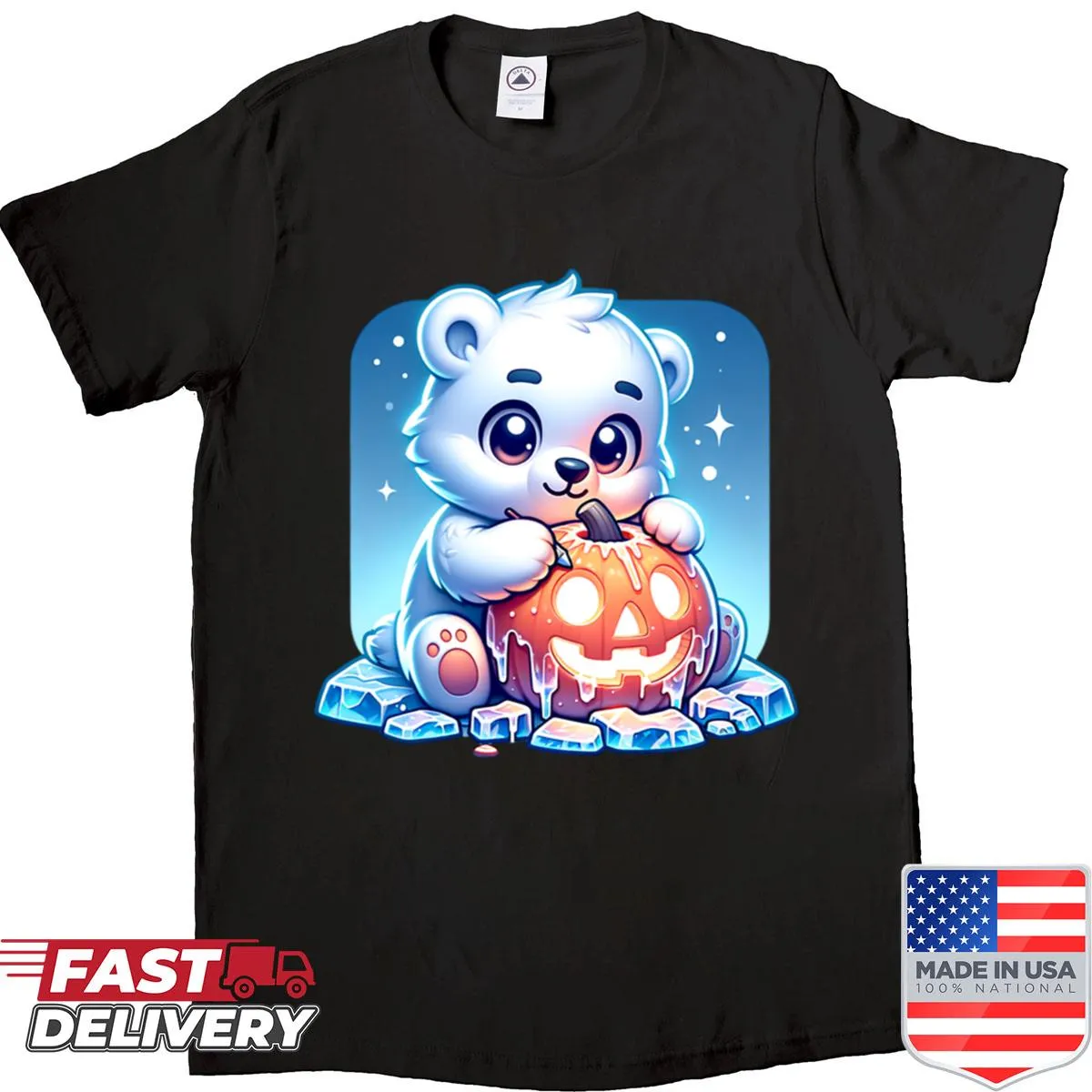 Polar bear carving a pumpkin in a cute Halloween design