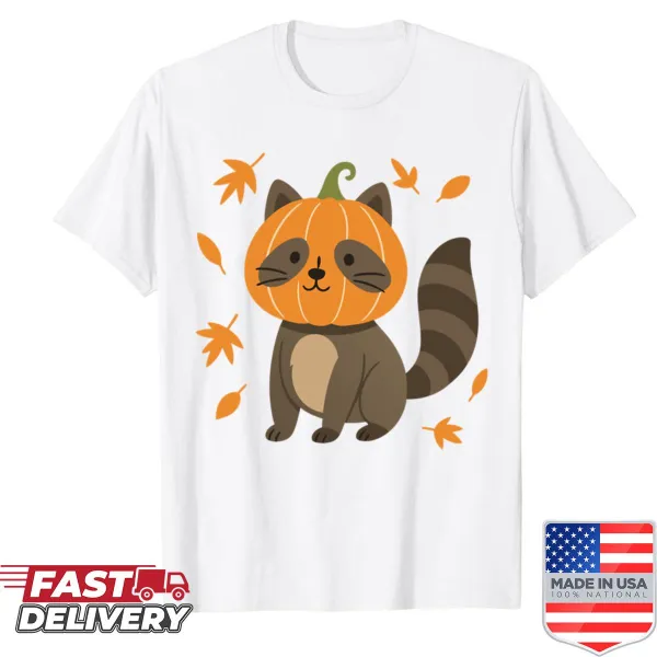 Adorable Pumpkin Raccoon Halloween-themed T-shirt
