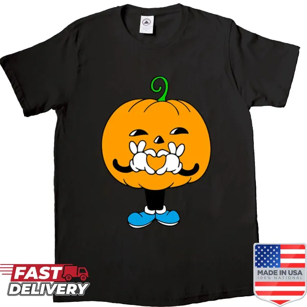 Cute rubber hose-style pumpkin illustrations on a festive T-shirt
