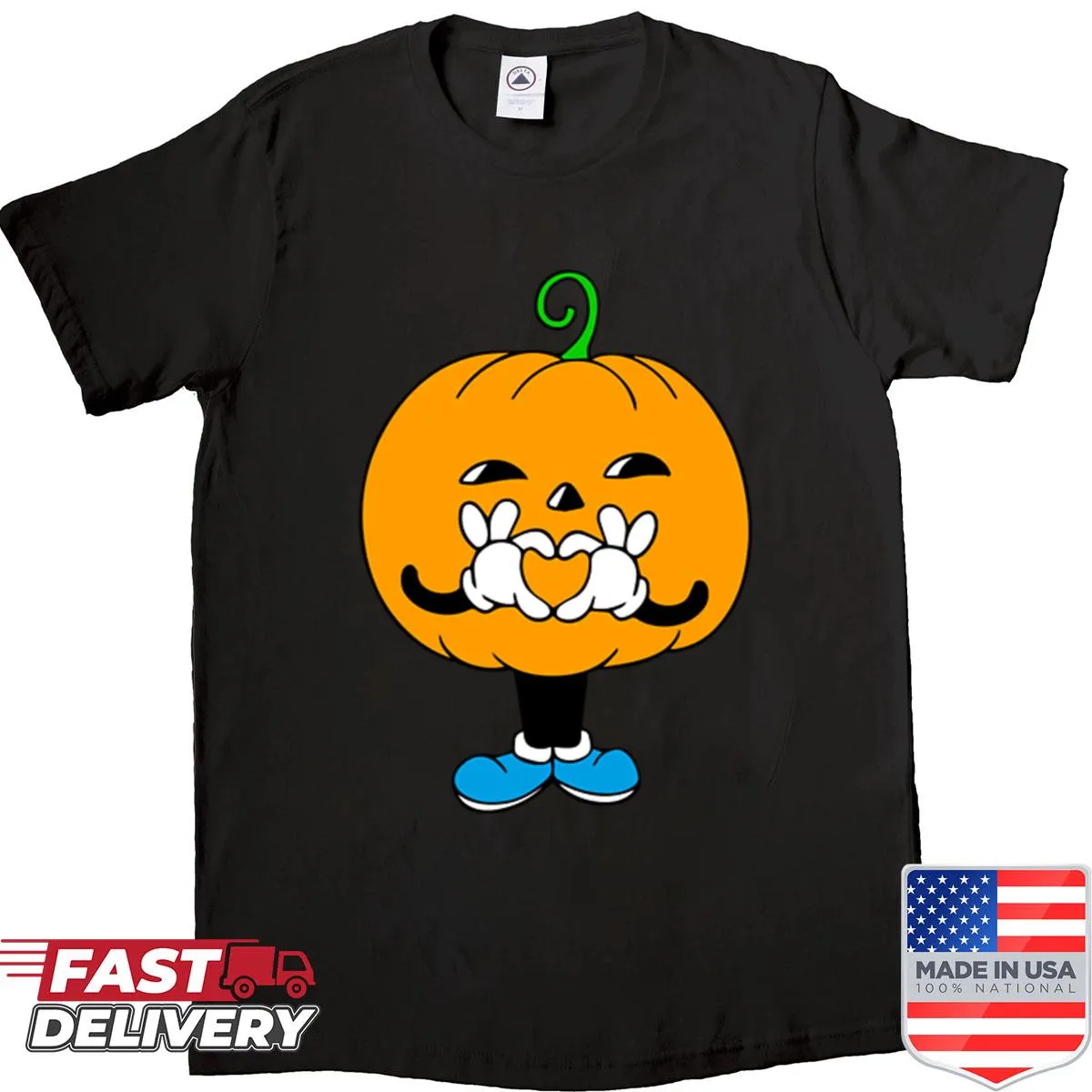 Cute rubber hose-style pumpkin illustrations on a festive T-shirt