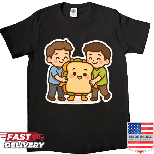Cute sandwich character hugging friends on a kawaii shirt