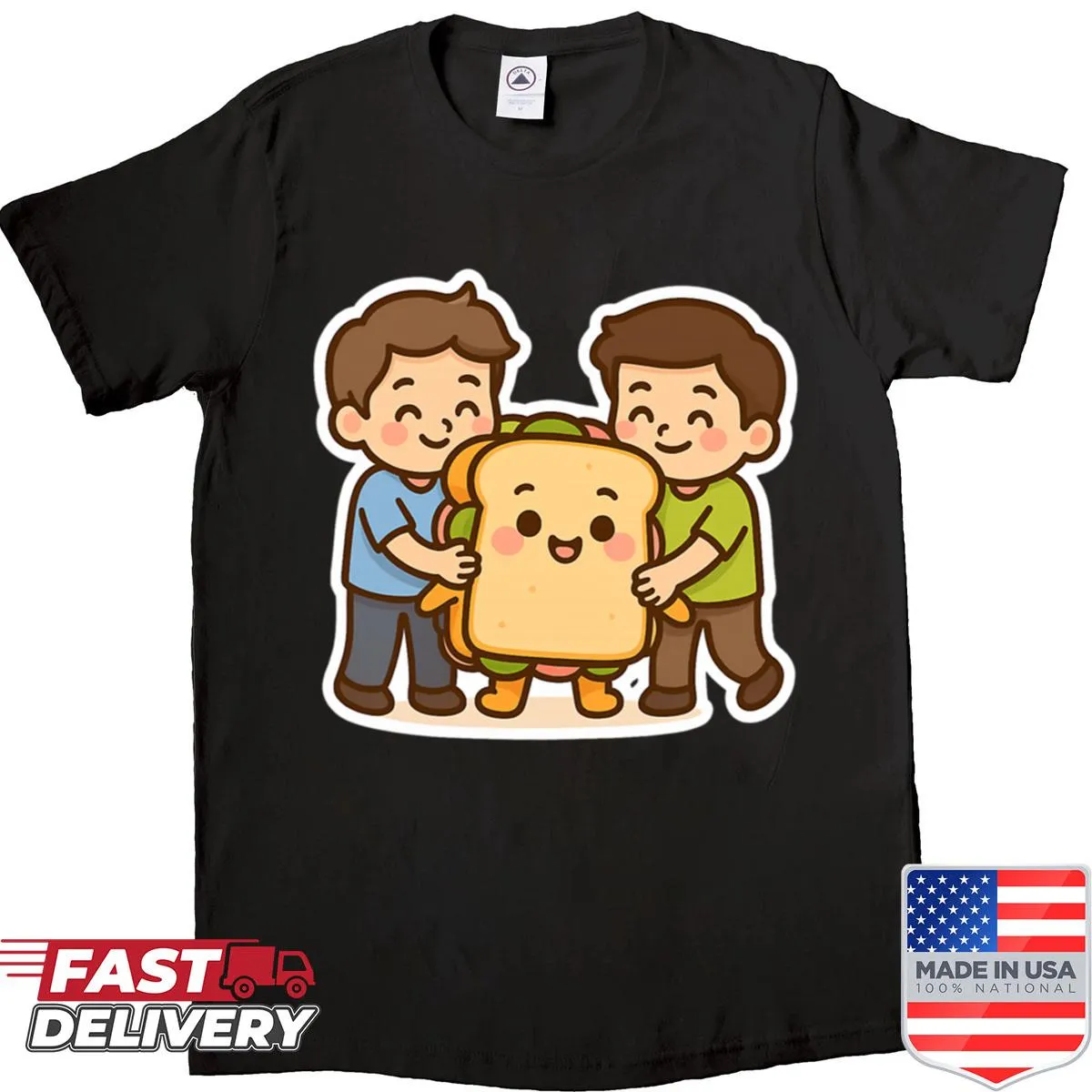 Cute sandwich character hugging friends on a kawaii shirt