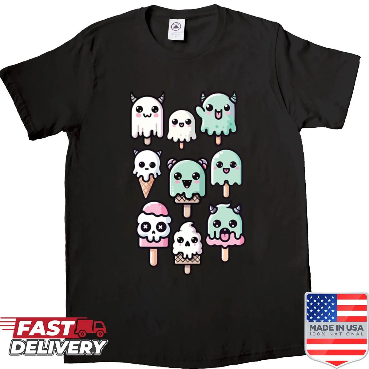 Spooky Halloween ice cream cone with ghostly face design