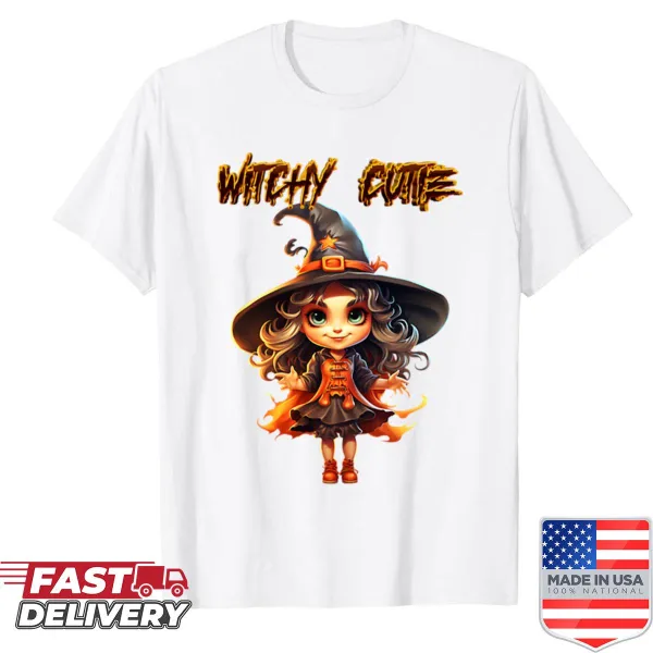 Charming illustration of a cute witch girl on a Halloween shirt
