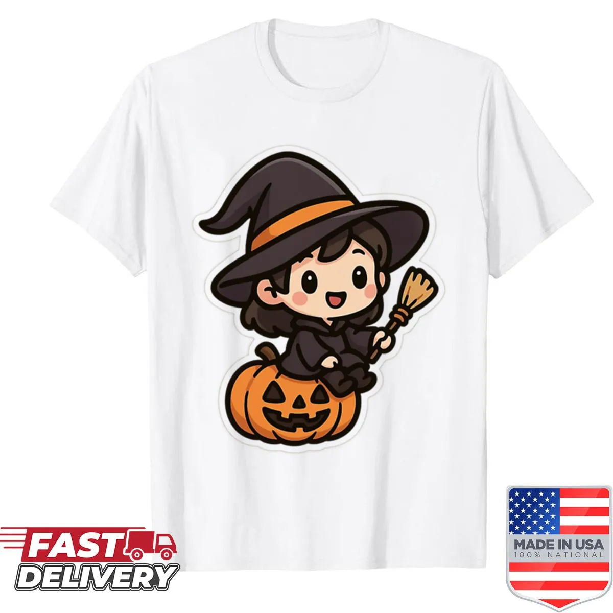 Kawaii witch on a pumpkin graphic for Halloween T-shirt