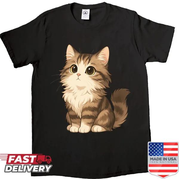 Chibi-style fluffy kitten illustration on a cute shirt