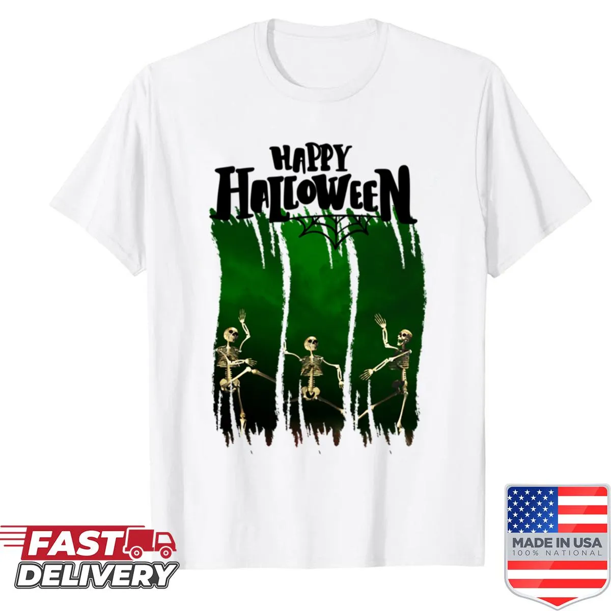 T-shirt featuring three dancing skeletons in a haunted scene