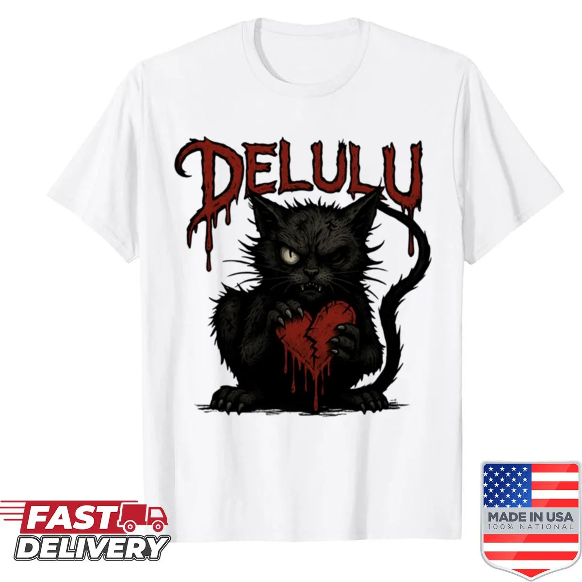 T-shirt featuring a distressed kitten graphic with a bloody heart.