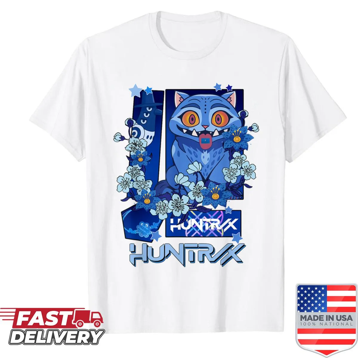 Anime-style demon tiger surrounded by flowers graphic on a T-shirt