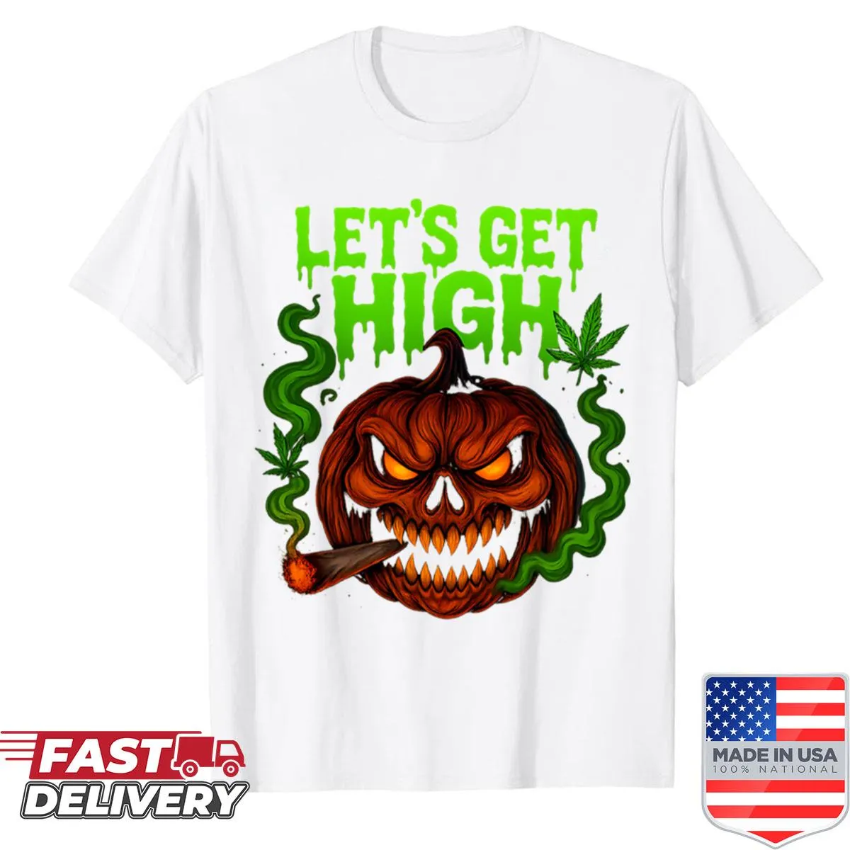 Horror-themed t-shirt with a glowing demon pumpkin illustration