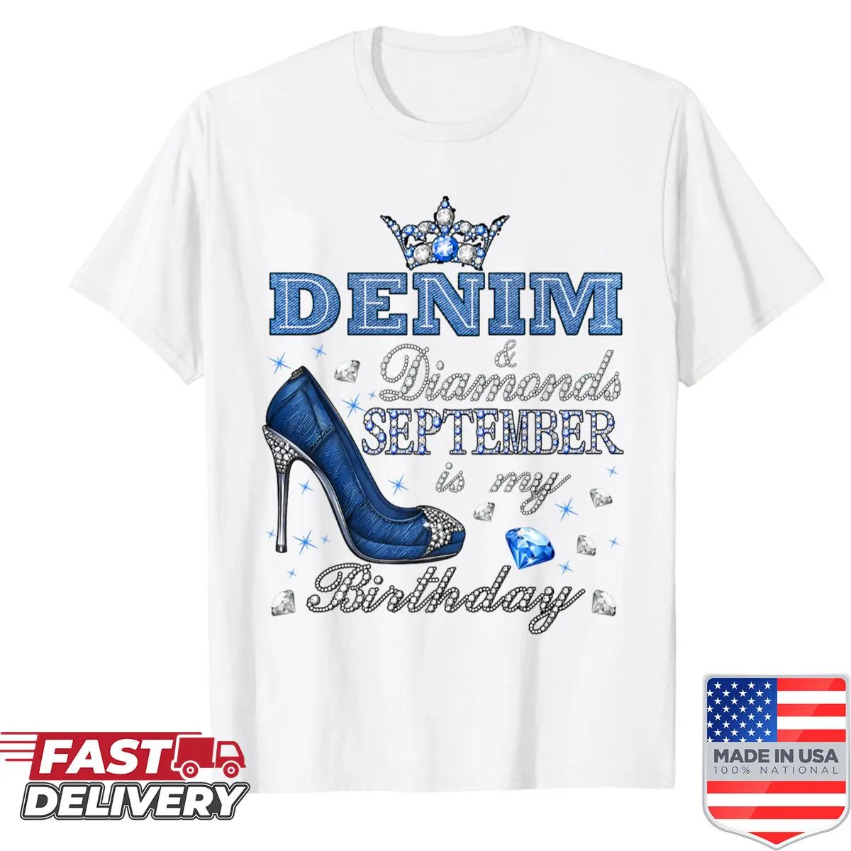 Birthday-themed shirt stating 'September Is My Birthday Queen' with denim and diamond motifs